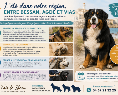 Chien à l'ombre d'un parasol sur la plage protection chaleur été Bessan