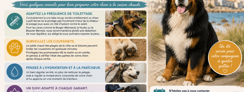 Chien à l'ombre d'un parasol sur la plage protection chaleur été Bessan